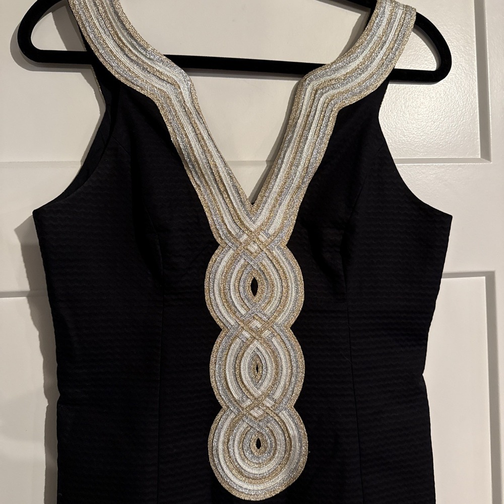 Lilly Pulitzer Valli Shift Dress Black Onyx Gold Silver Embellished Women's 2